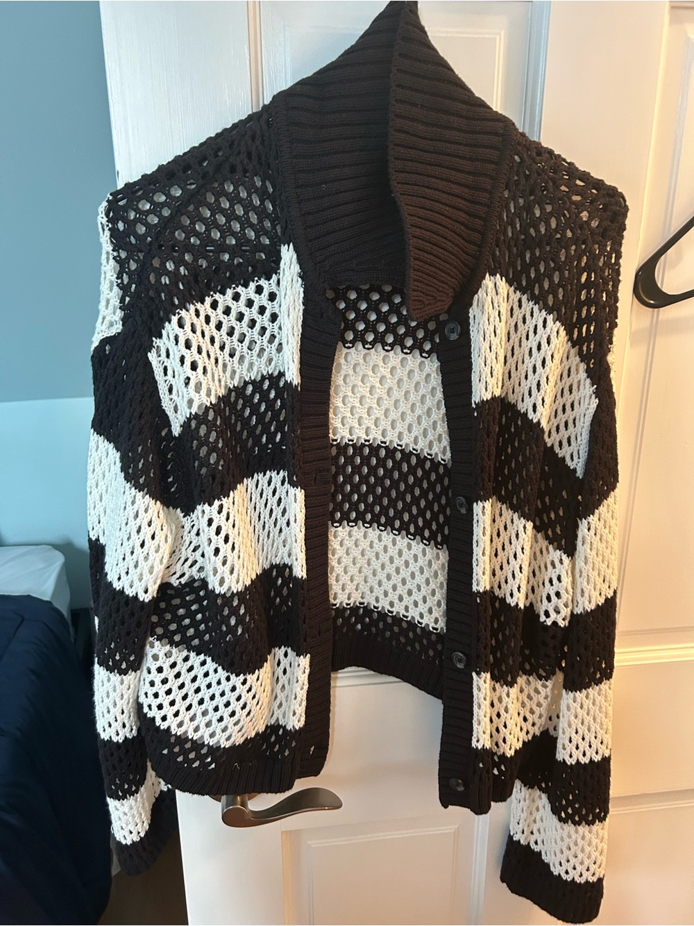 Two Open-Knit Black and White Stripe Shawl Collar Sweaters for summer or fall